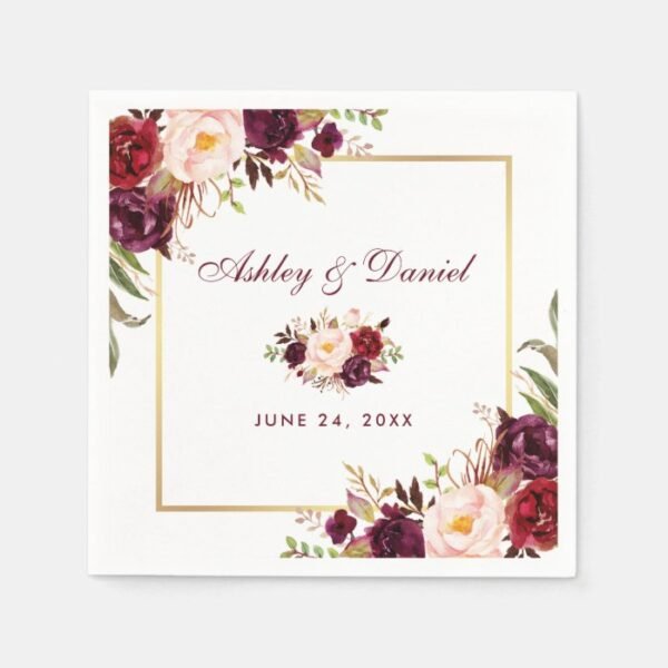 Wedding Watercolor Burgundy Floral Gold Napkins