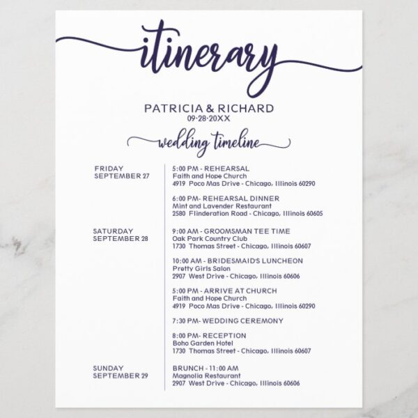 Wedding Weekend Itinerary Chic Navy Blue Timeline