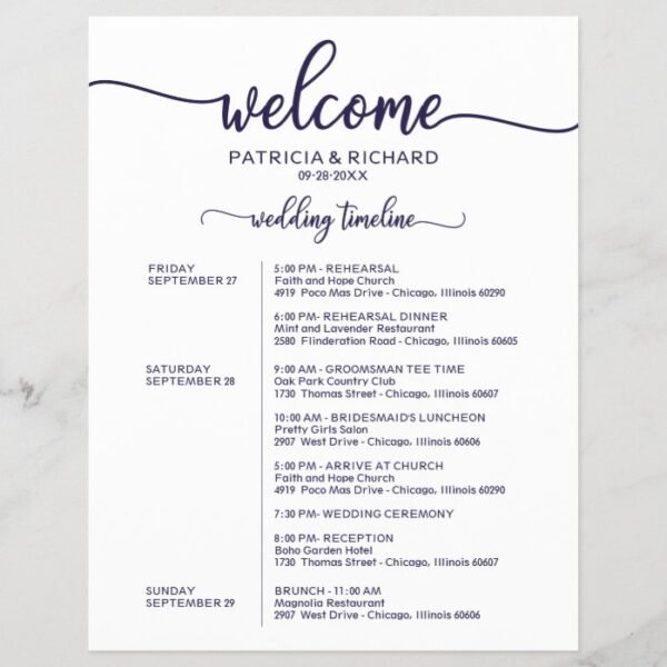 Wedding Weekend Itinerary Chic Navy Blue Timeline