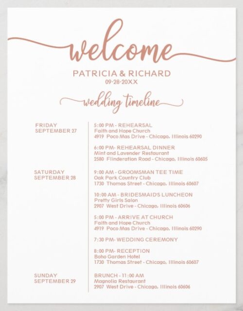 Wedding Weekend Itinerary Timeline Rose Gold