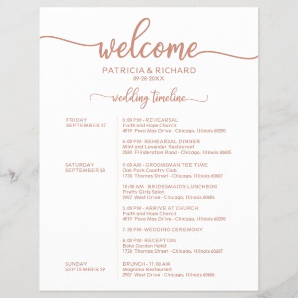 Wedding Weekend Itinerary Timeline Rose Gold