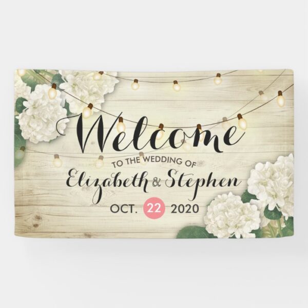 Wedding Welcome Banner Wood Flowers String Lights