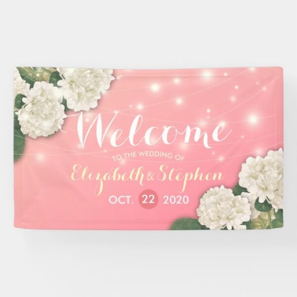 Wedding Welcome Hydrangea Flowers String Lights Banner