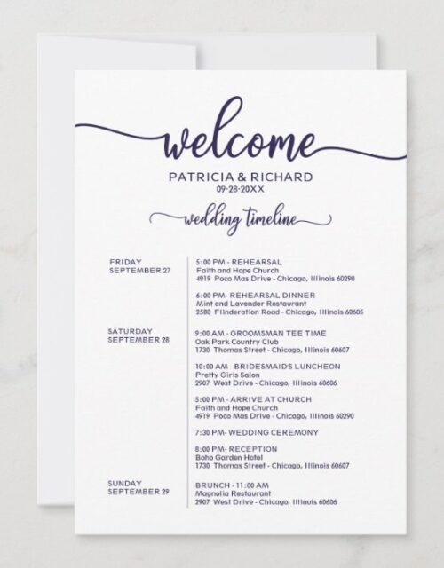 Weekend Wedding Schedule Elegant Chic Navy Blue Invitation