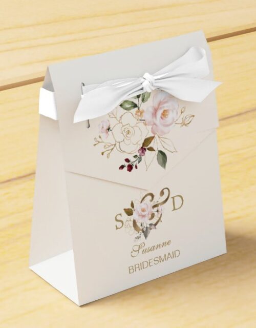 Whimsical Blush Gold Flowers Monogram Wedding Favor Box