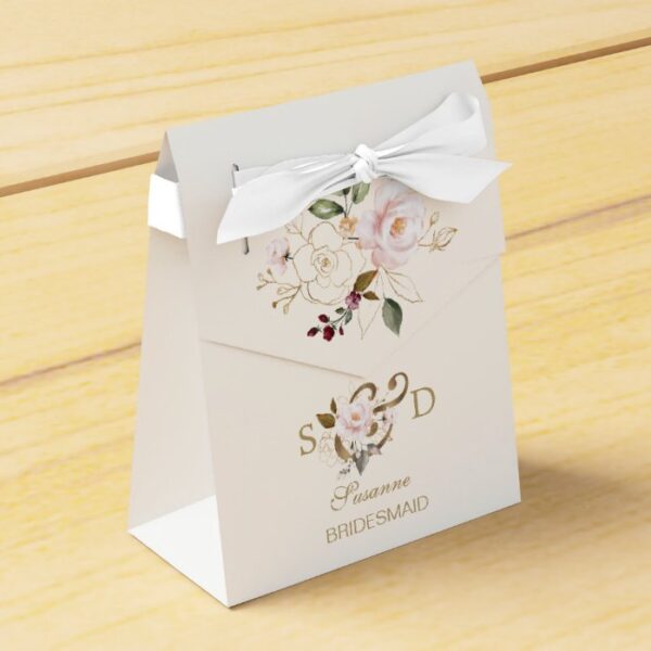 Whimsical Blush Gold Flowers Monogram Wedding Favor Box
