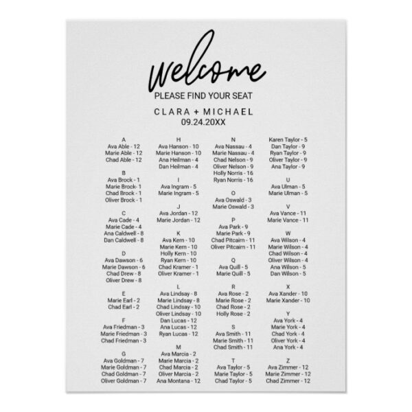 Whimsical Calligraphy Alphabetical Seating Chart
