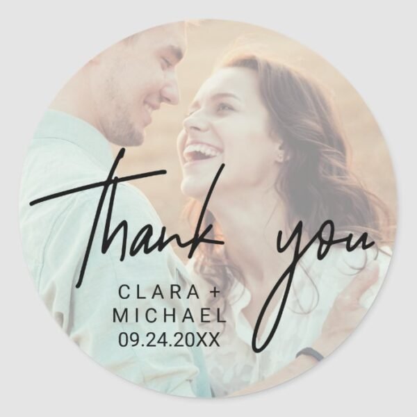 Whimsical Calligraphy | Photo Back Thank You Favor Classic Round Sticker