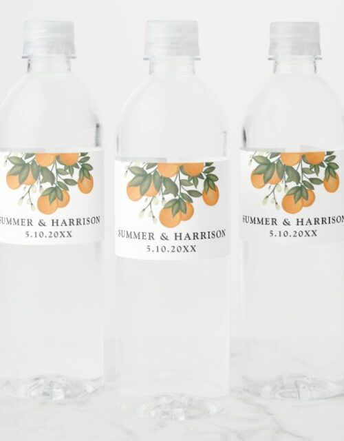 Whimsical Citrus Greenery Botanical Orange Wedding Water Bottle Label
