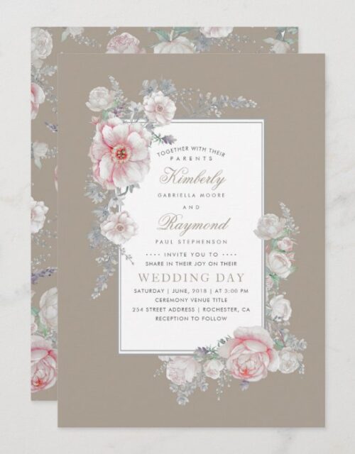 White and Blush Watercolor Vintage Floral Wedding Invitation