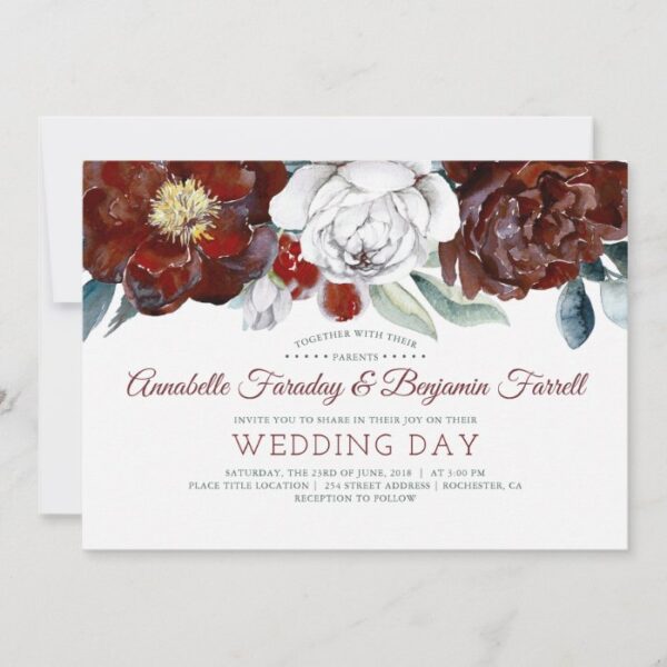 White and Burgundy Watercolor Floral Wedding Invitation