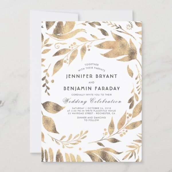 White and Gold Elegant Leaves Laurel Wedding Invitation