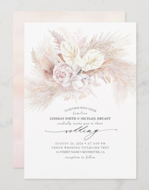 White Anthurium and Pampas Grass Elegant Wedding Invitation