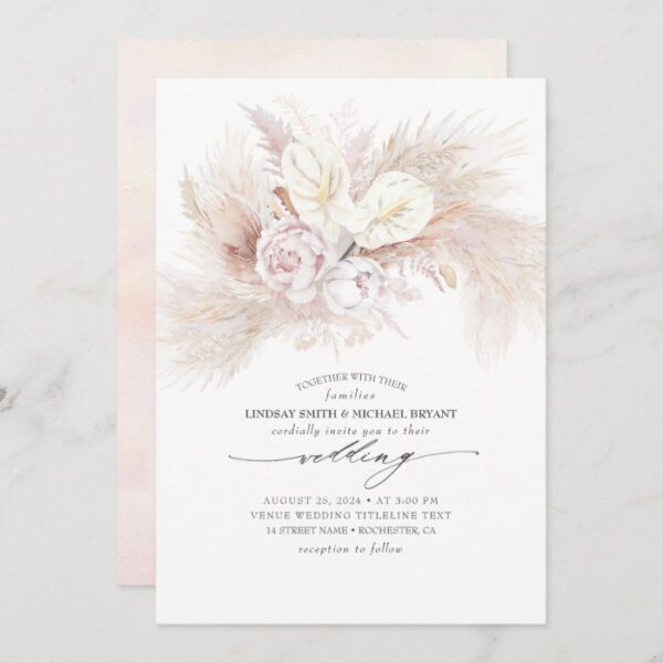 White Anthurium and Pampas Grass Elegant Wedding Invitation