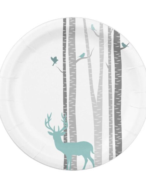 White Birch Trees with Deer and Birds Paper Plate
