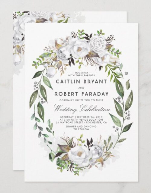 White Floral Elegant | Watercolor Greenery Wedding Invitation