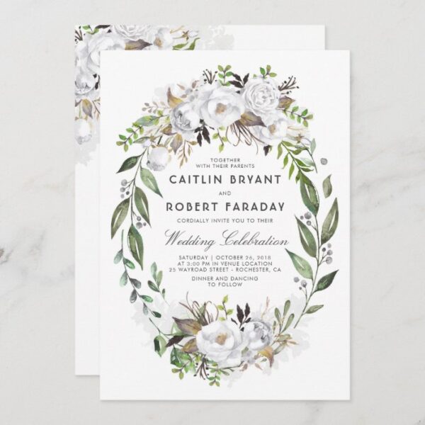 White Floral Elegant | Watercolor Greenery Wedding Invitation