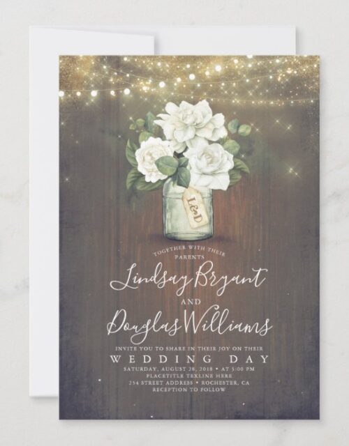 White Floral Mason Jar Rustic Country Wedding Invitation