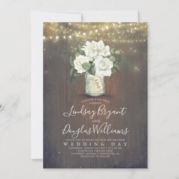 White Floral Mason Jar Rustic Country Wedding Invitation