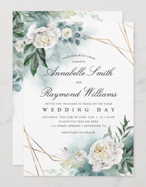 White Florals Gold Frame | Peony Wedding Invitation