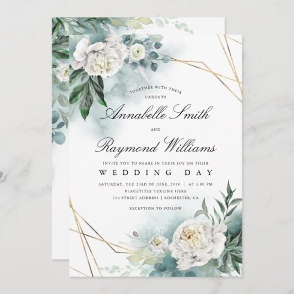 White Florals Gold Frame | Peony Wedding Invitation