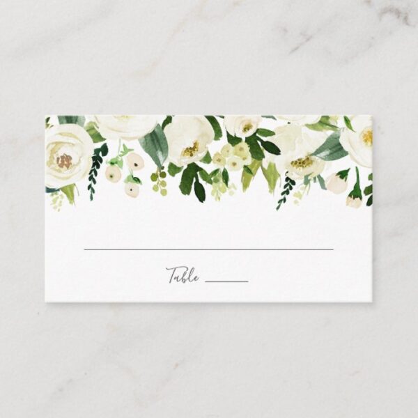 White Flower and Green Wedding Flat Place Card