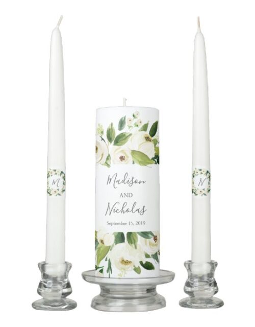 White Flower and Green Wedding Unity Candle Set
