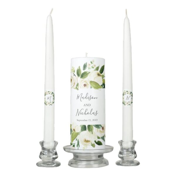 White Flower and Green Wedding Unity Candle Set