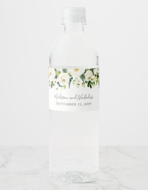 White Flower and Green Wedding Water Bottle Labels