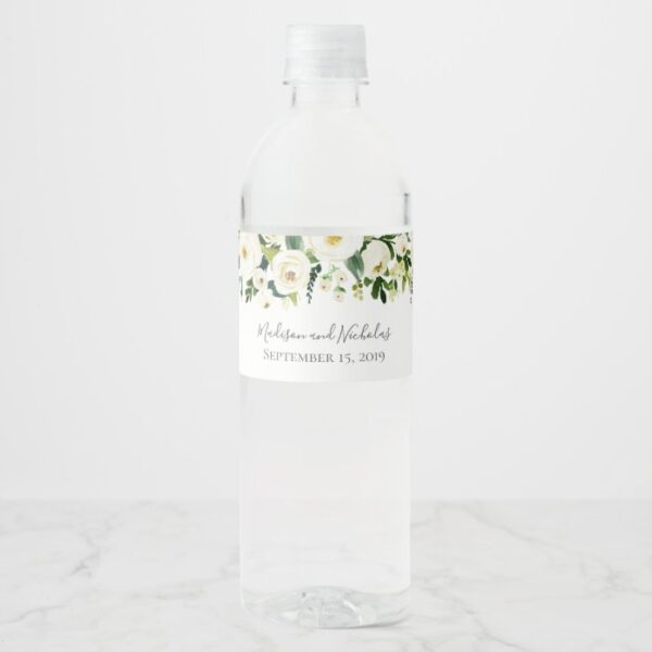 White Flower and Green Wedding Water Bottle Labels
