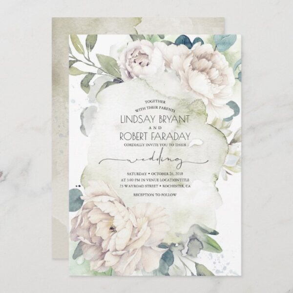 White Flowers and Greenery Elegant Vintage Wedding Invitation