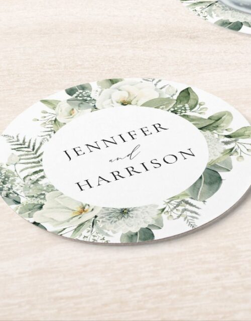 White Flowers and Greenery Personalized Wedding Round Paper Coaster