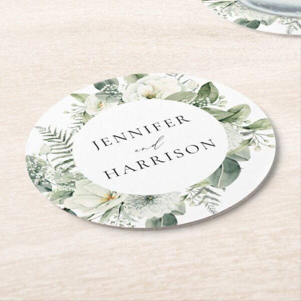 White Flowers and Greenery Personalized Wedding Round Paper Coaster