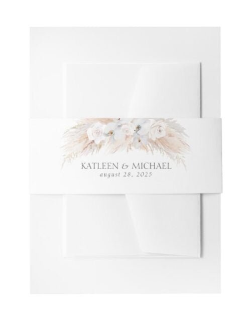 White Flowers and Pampas Grass Wedding Invitation Belly Band