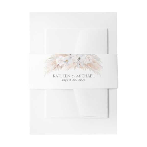White Flowers and Pampas Grass Wedding Invitation Belly Band