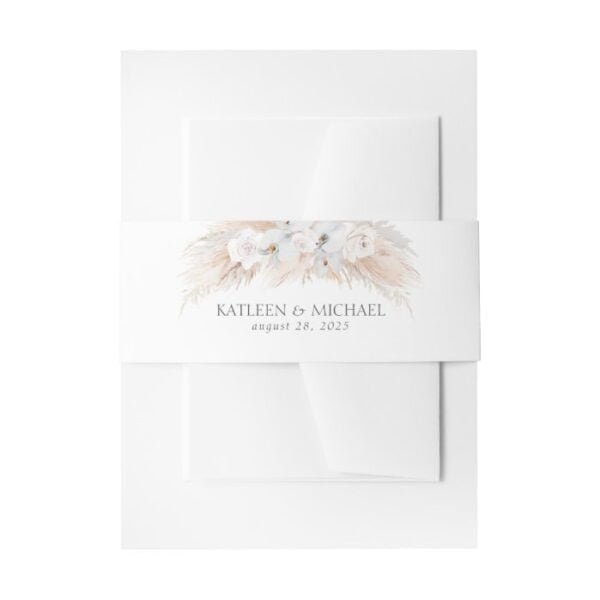 White Flowers and Pampas Grass Wedding Invitation Belly Band