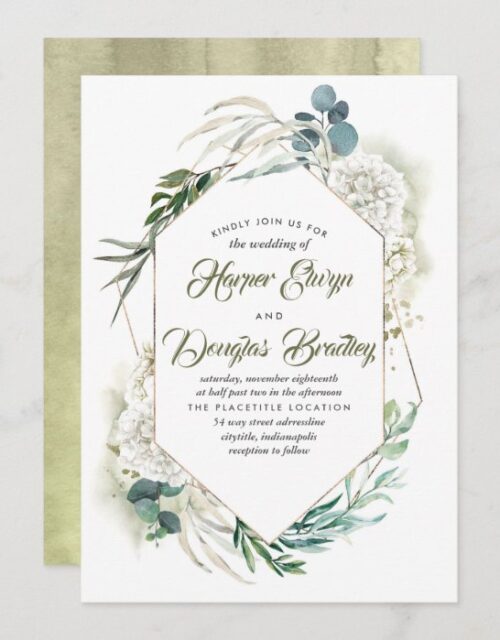 White Hydrangea and Greenery Modern Floral Wedding Invitation