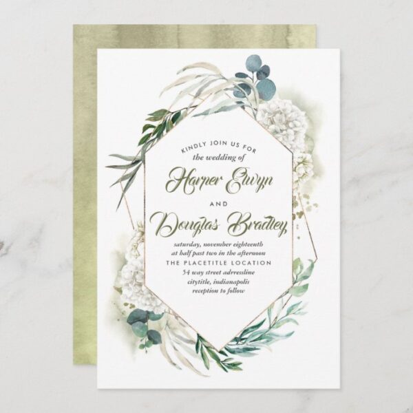 White Hydrangea and Greenery Modern Floral Wedding Invitation