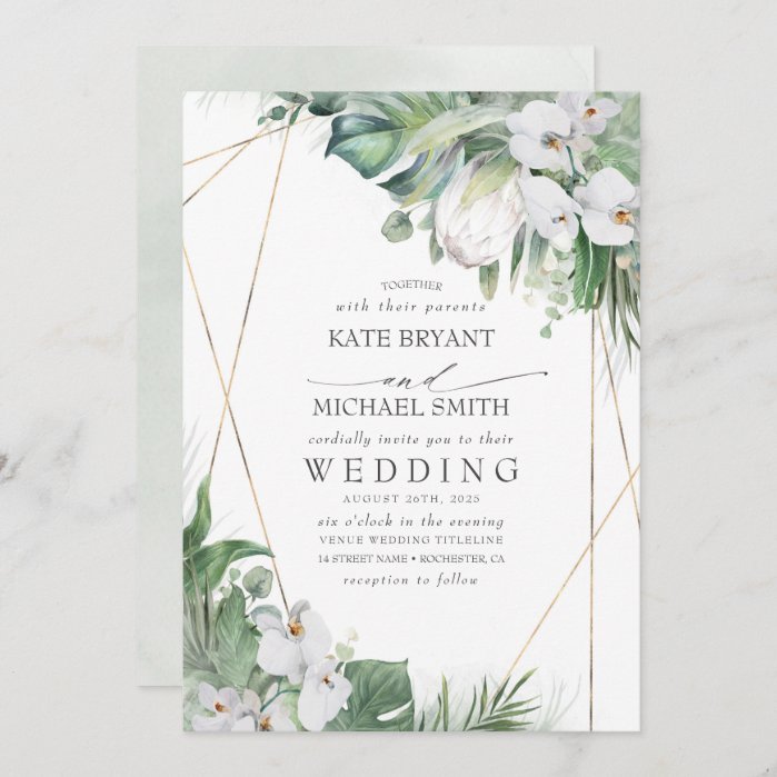 White King Protea Orchids Tropical Floral Wedding Invitation