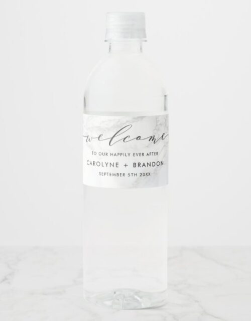 White Marble Custom Wedding Water Bottle Labels