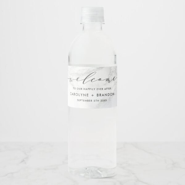 White Marble Custom Wedding Water Bottle Labels