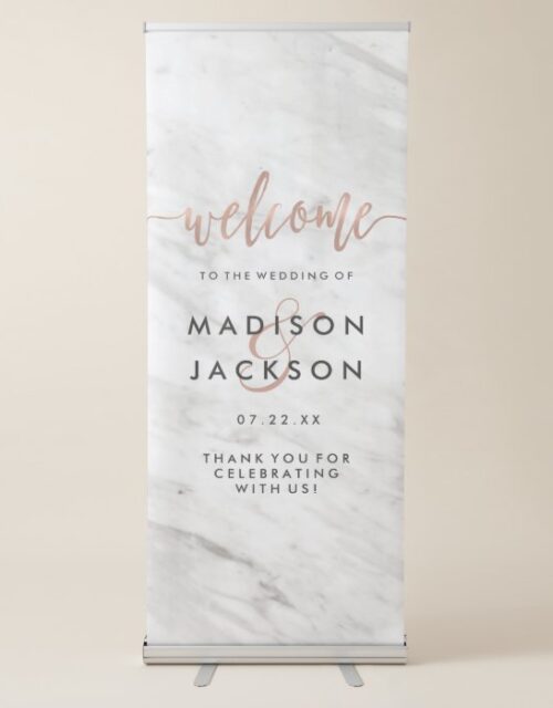 White Marble & Rose Gold Elegant Wedding Welcome Retractable Banner