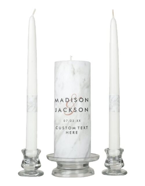 White Marble & Rose Gold Modern Wedding Monogram Unity Candle Set