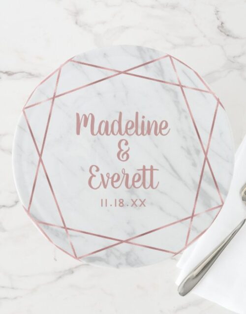 White Marble Rose Gold Triangle Wedding Monogram Cake Stand
