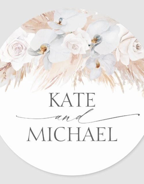 White Orchids and Pampas Grass Wedding Classic Round Sticker