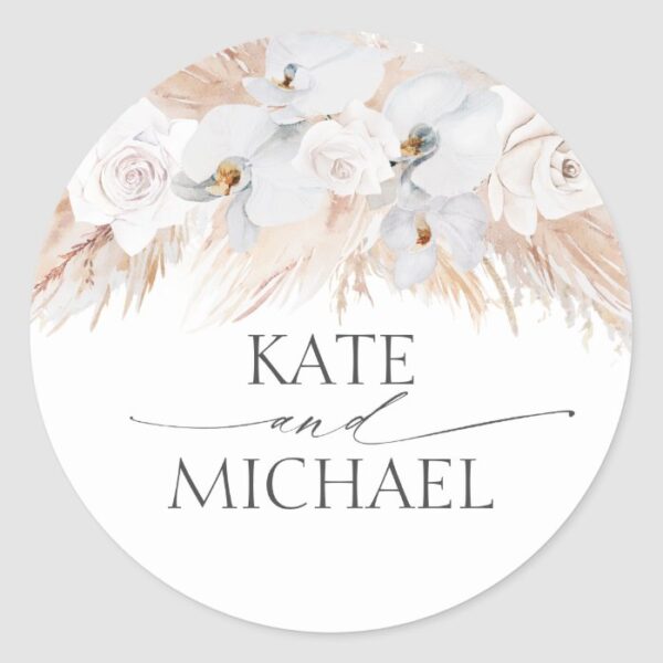 White Orchids and Pampas Grass Wedding Classic Round Sticker