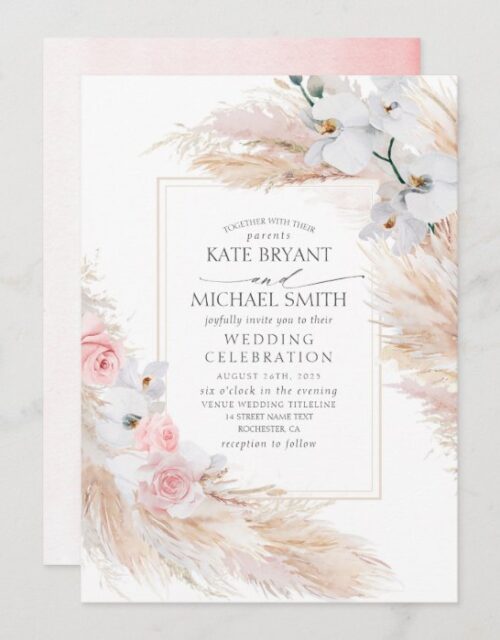 White Orchids Blush Roses and Pampas Grass Wedding Invitation