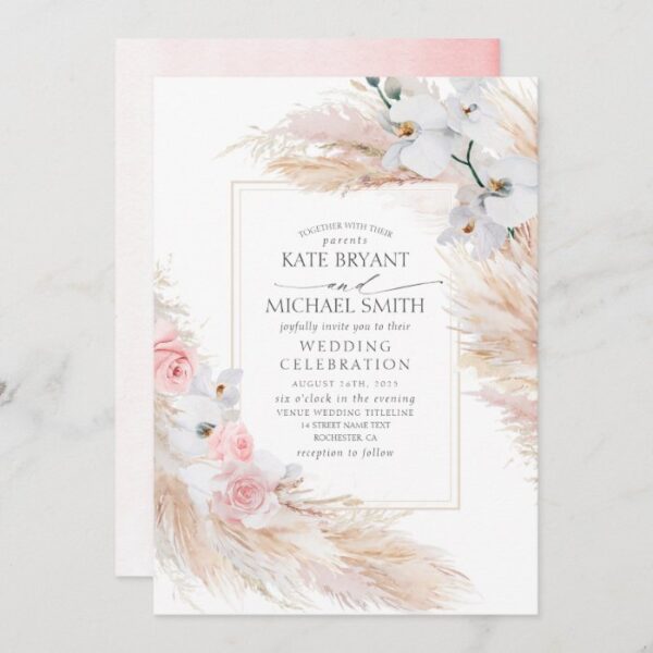 White Orchids Blush Roses and Pampas Grass Wedding Invitation
