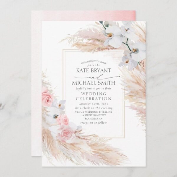 White Orchids Blush Roses and Pampas Grass Wedding Invitation