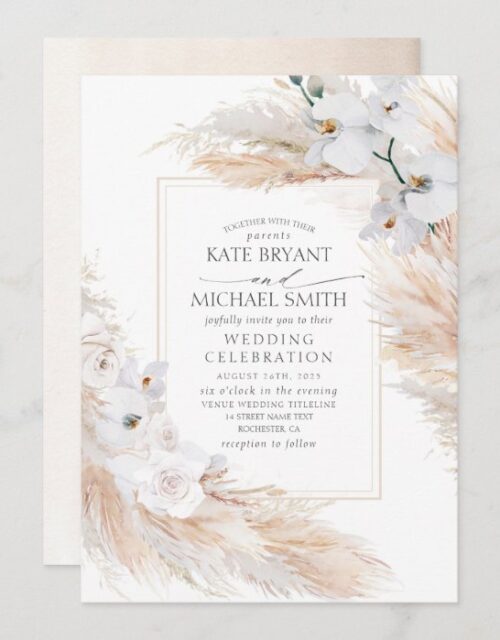 White Orchids Roses and Pampas Grass Wedding Invitation